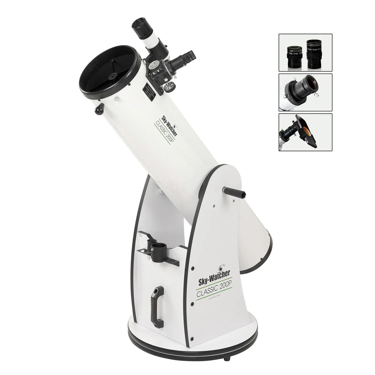 White telescope with additional attachments on a white background