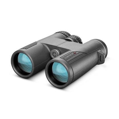 Binoculars with blue lenses on a white background