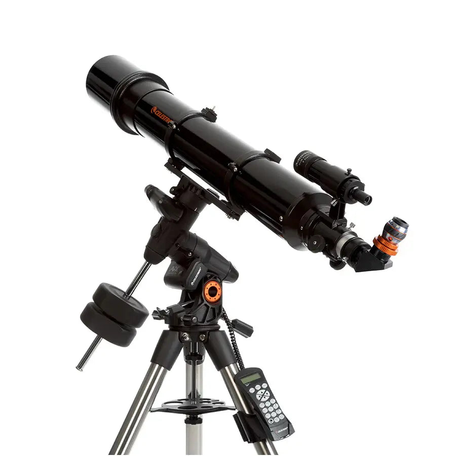 Black telescope with orange accents on a white background