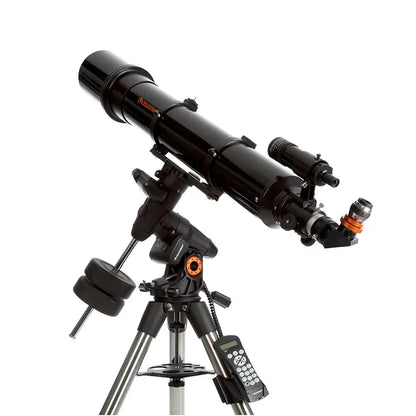 Black telescope with orange accents on a white background