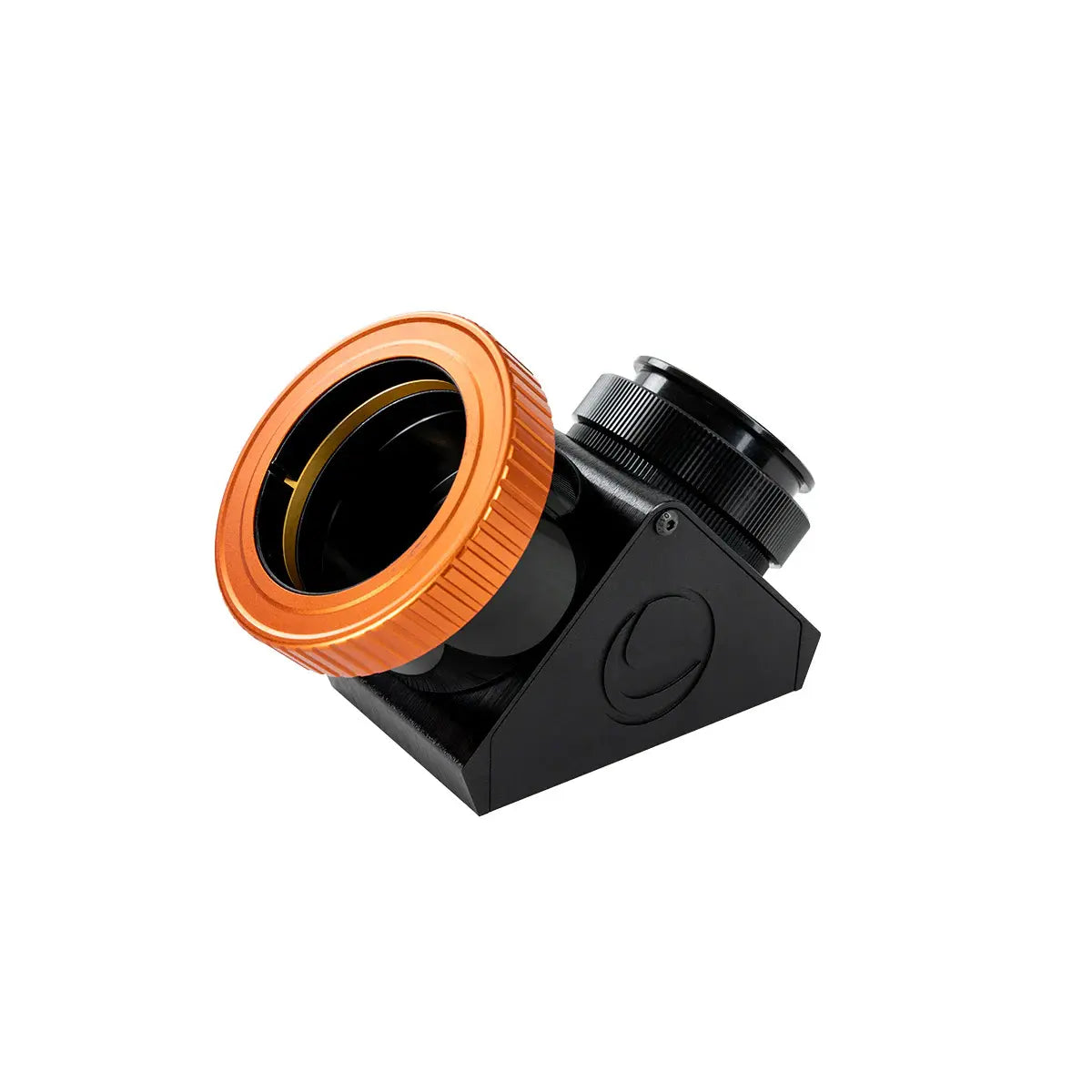 Camera lens adapter with orange and black design on a white background