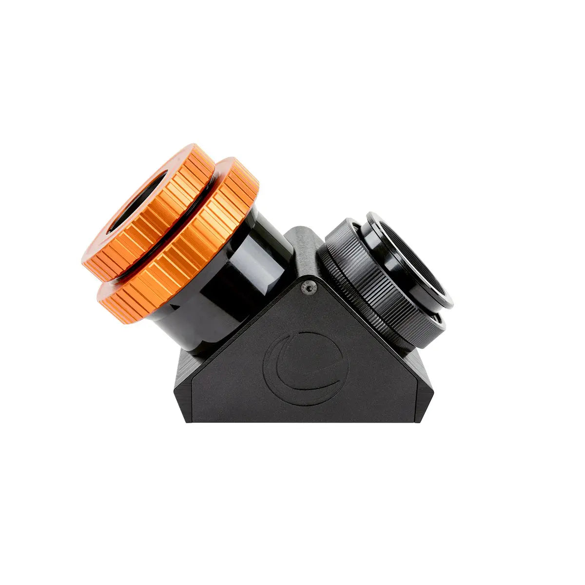 Optical device with orange and black components on a white background