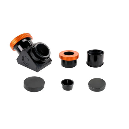 Set of black and orange telescope accessories on a white background