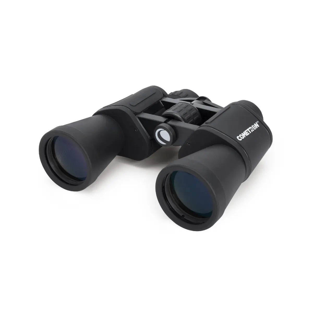Black binoculars with a brand logo on a white background