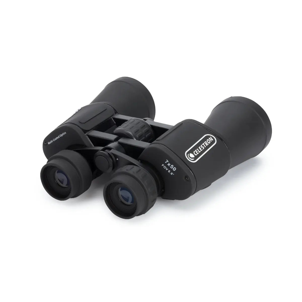 Black binoculars with Celestron branding on a white background