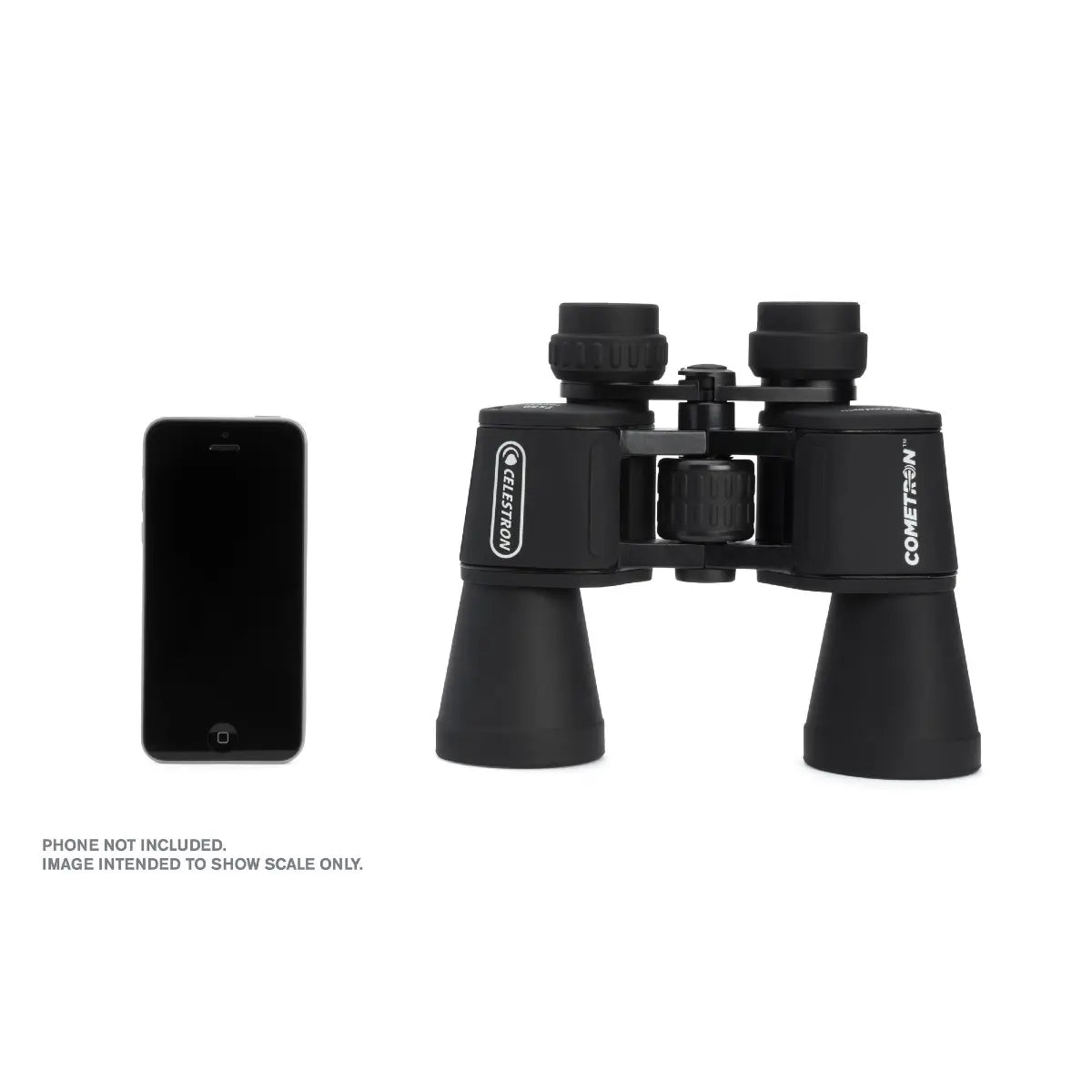 Black binoculars next to a smartphone on a white background