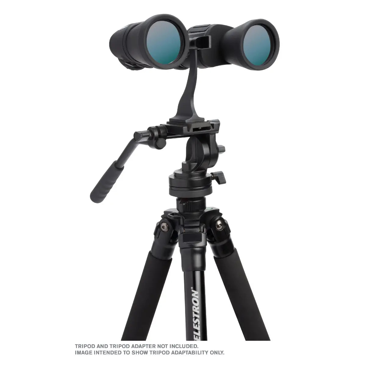 Binoculars on a tripod with Celestron branding on a white background