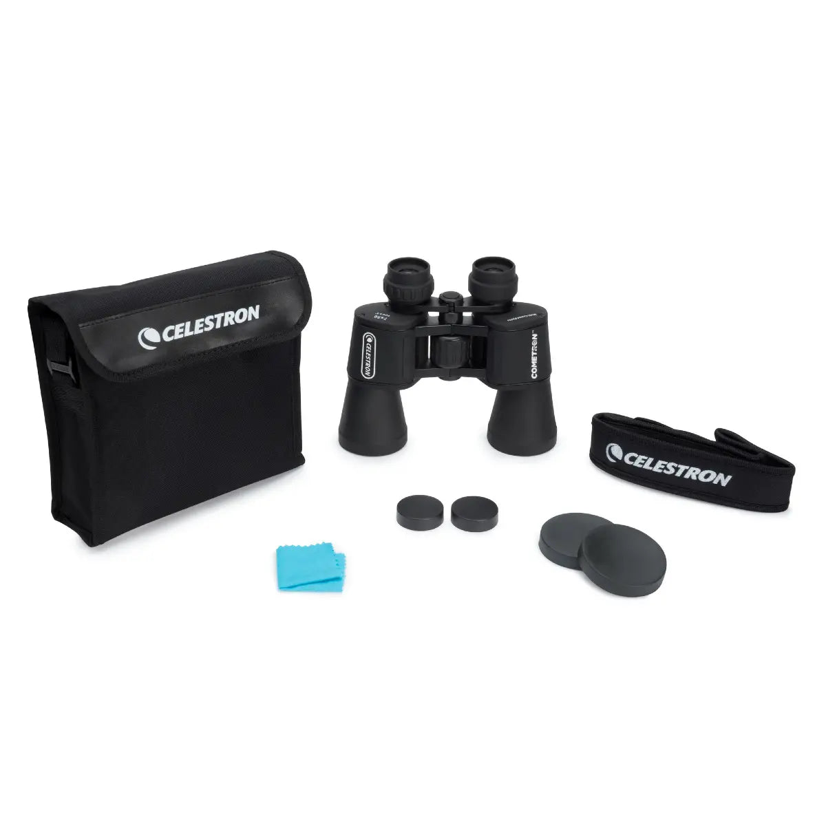 Celestron binoculars with carrying case, lens cleaning cloth, and strap on a white background