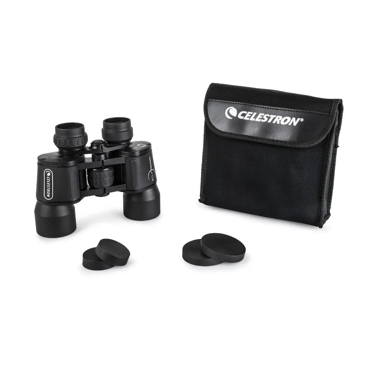 Celestron binoculars with lens covers and carrying case on a white background