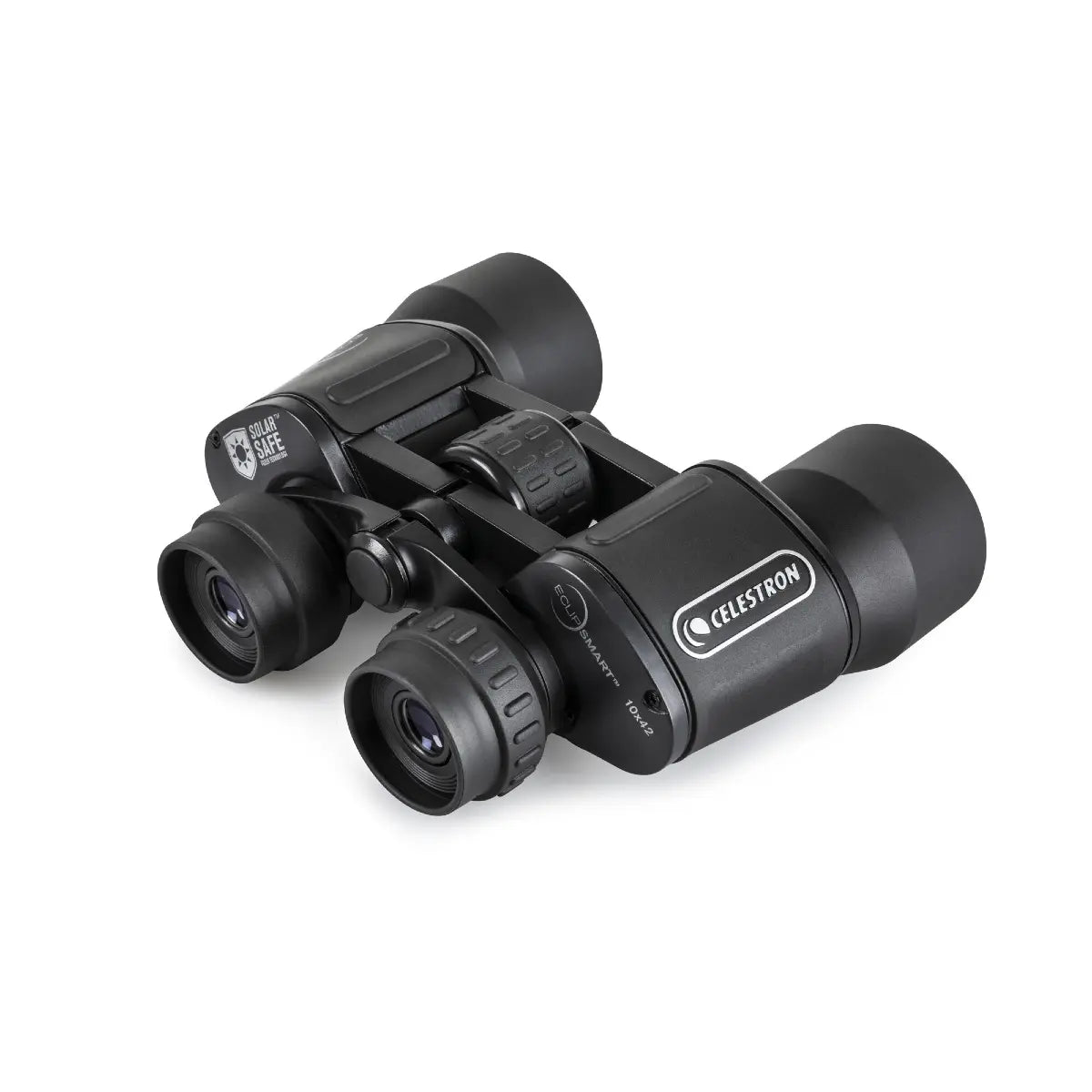 Black binoculars with Celestron branding on a white background