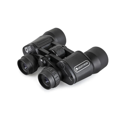 Black binoculars with Celestron branding on a white background