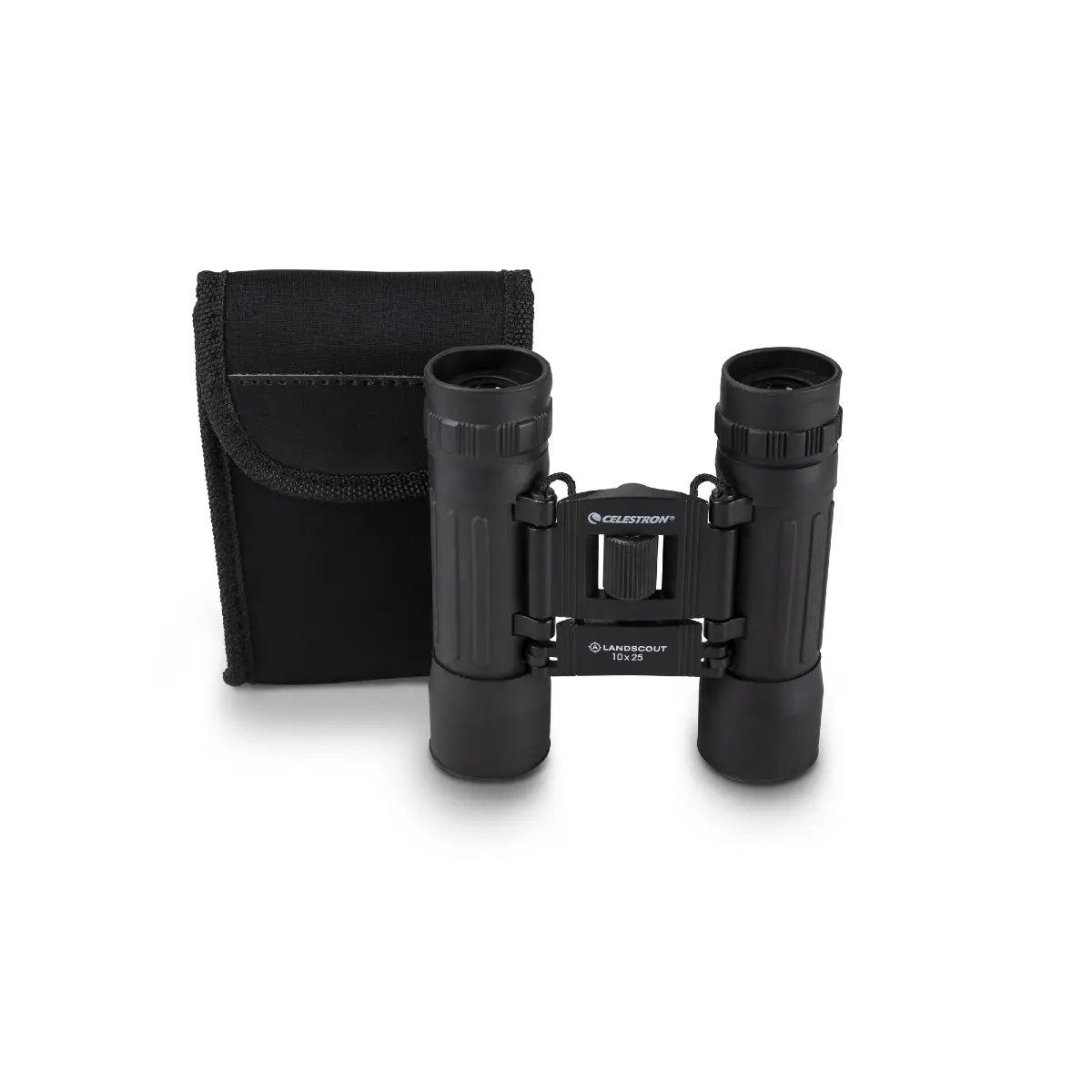 Black binoculars with a carrying case on a white background