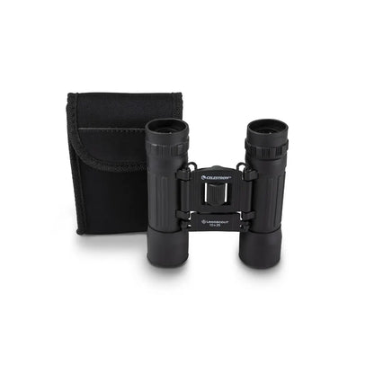 Black binoculars with a carrying case on a white background