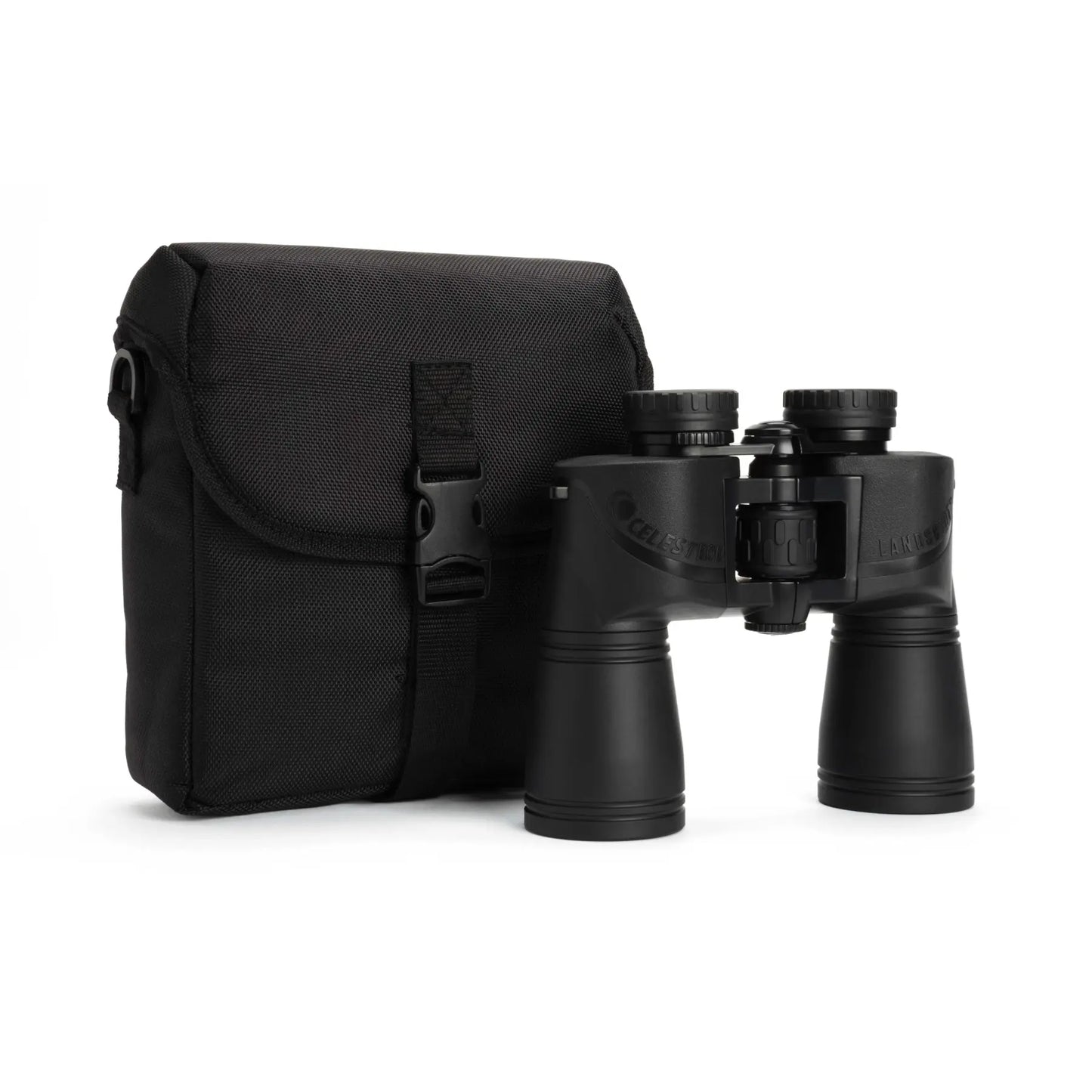 Black binoculars with carrying case on a white background