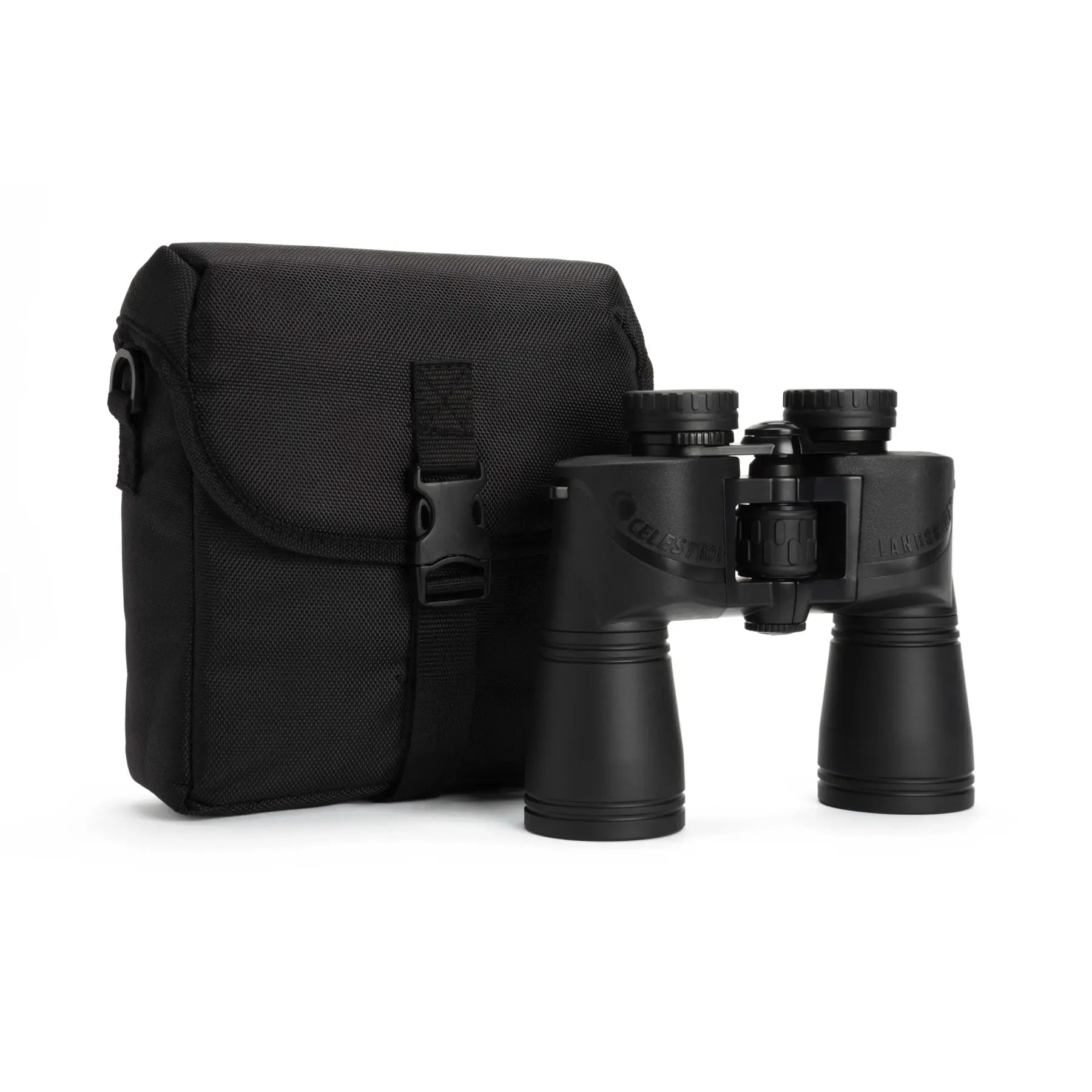 Black binoculars with carrying case on a white background