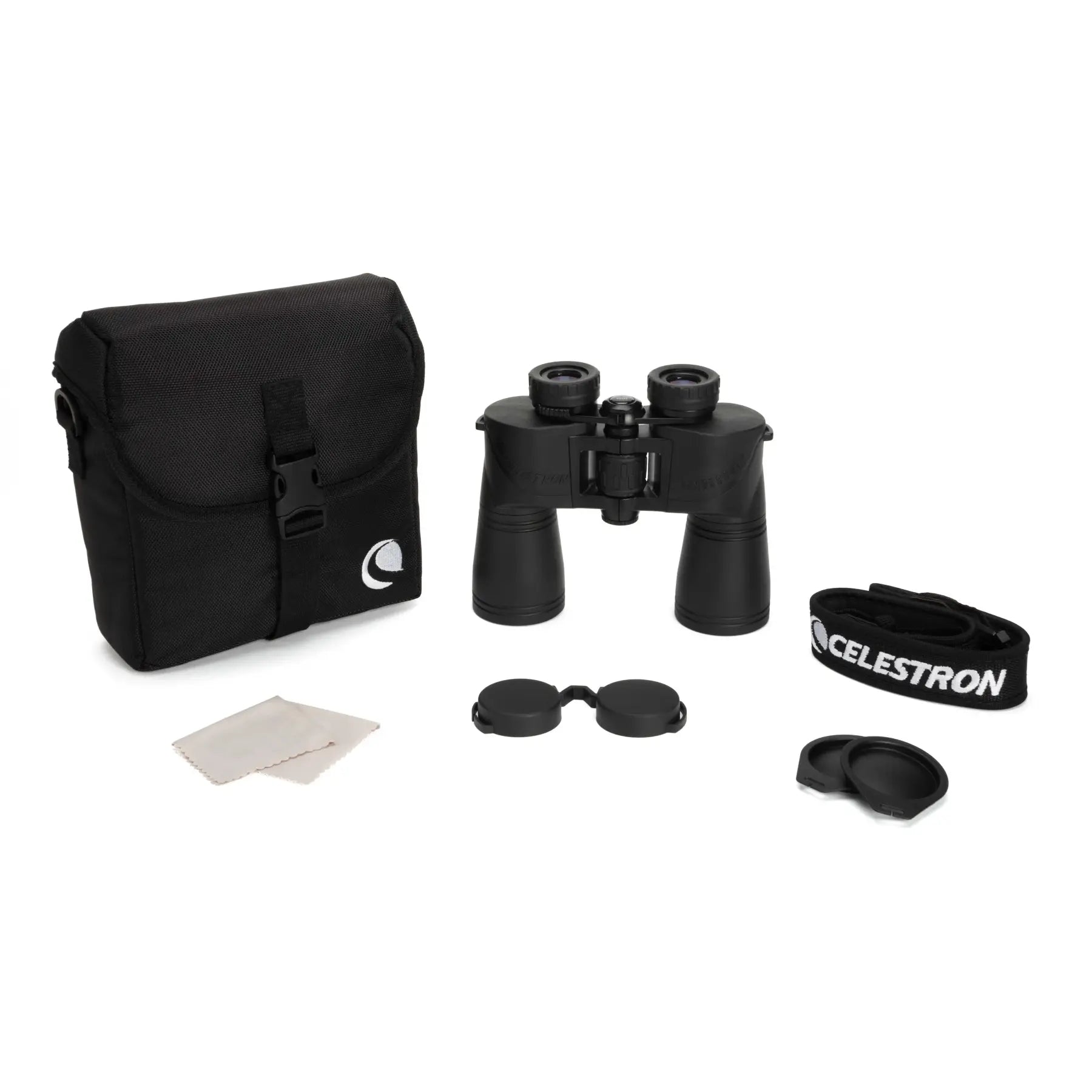 Celestron binoculars with carrying case, lens cleaning cloth, and strap on a white background