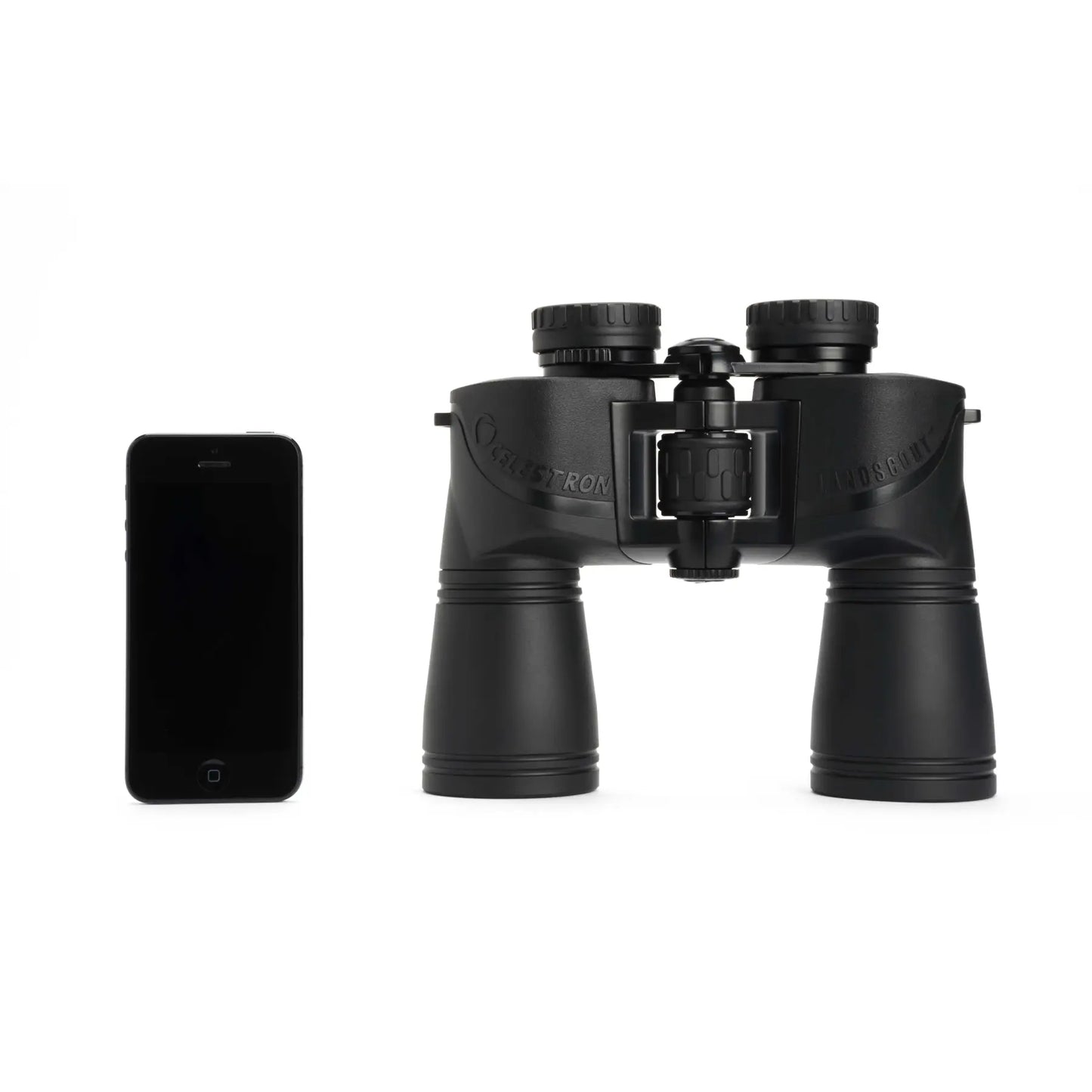 Black binoculars next to a smartphone on a white background