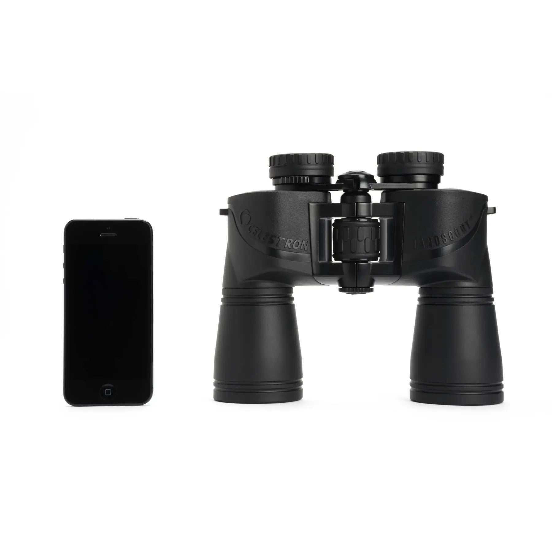 Black binoculars next to a smartphone on a white background