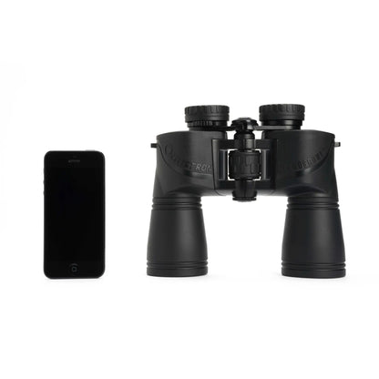 Black binoculars next to a smartphone on a white background