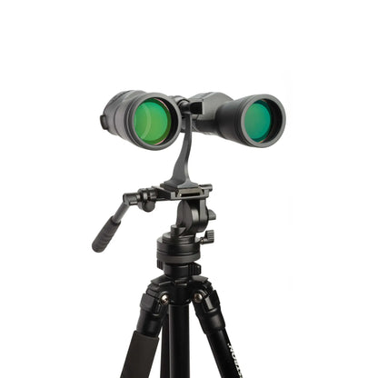 Binoculars on a tripod with green lenses on a white background