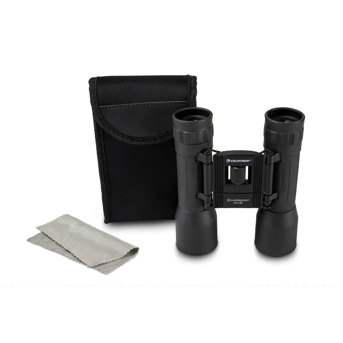 Black binoculars with pouch and cloth on a white background