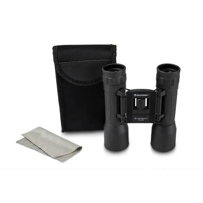 Black binoculars with pouch and cloth on a white background