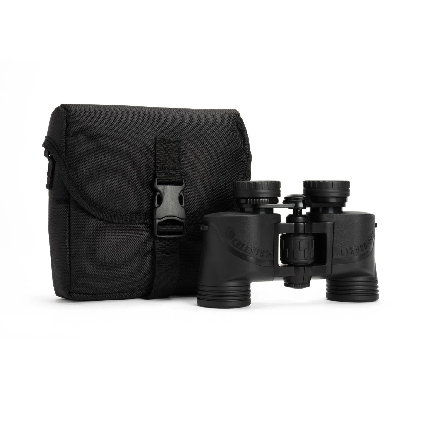 Black binoculars with carrying case on a white background