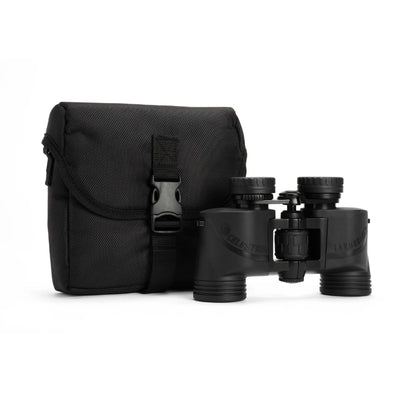 Black binoculars with carrying case on a white background