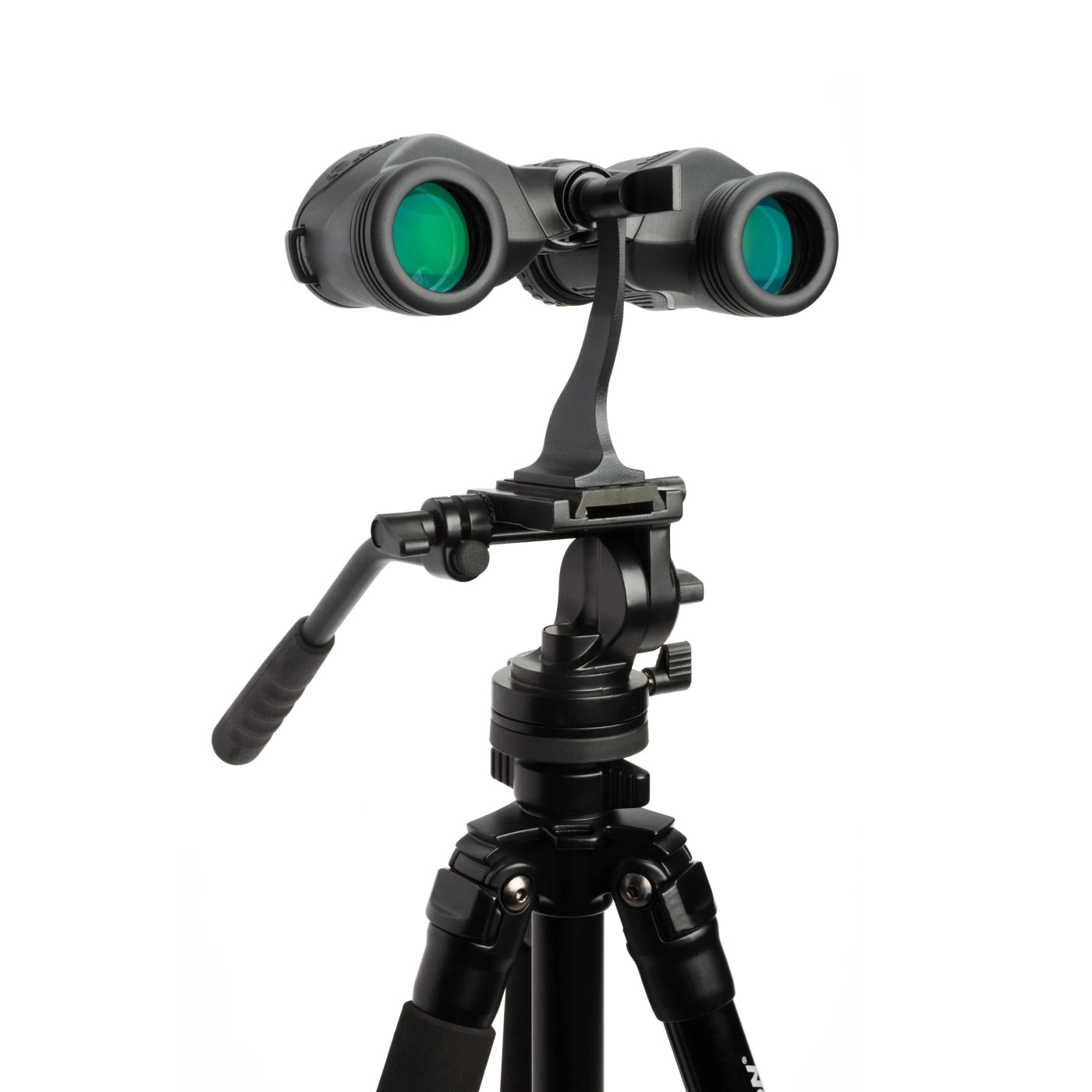 Binoculars on a tripod with a white background