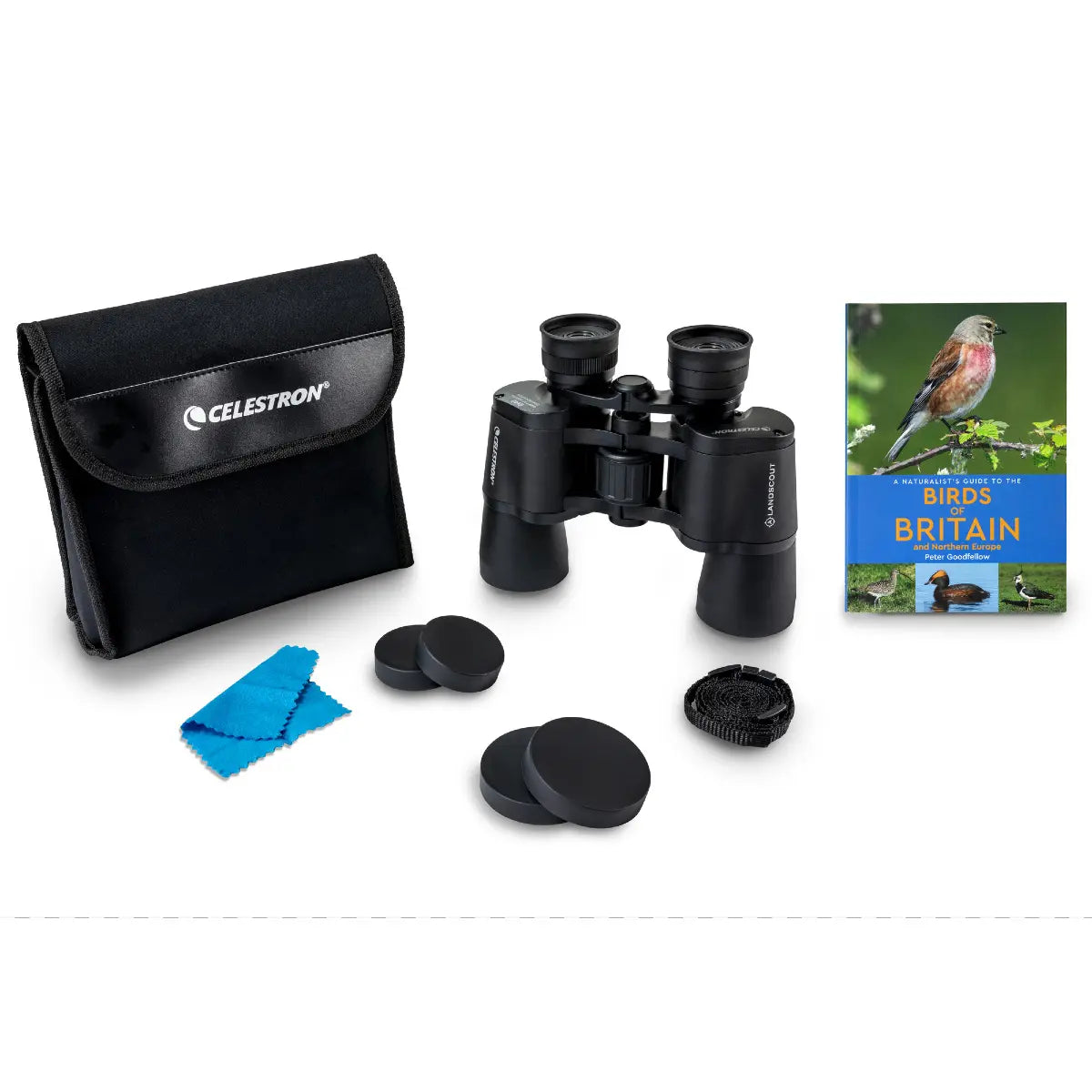 Binoculars with Celestron case, lens cleaning cloth, and bird identification guide on a white background