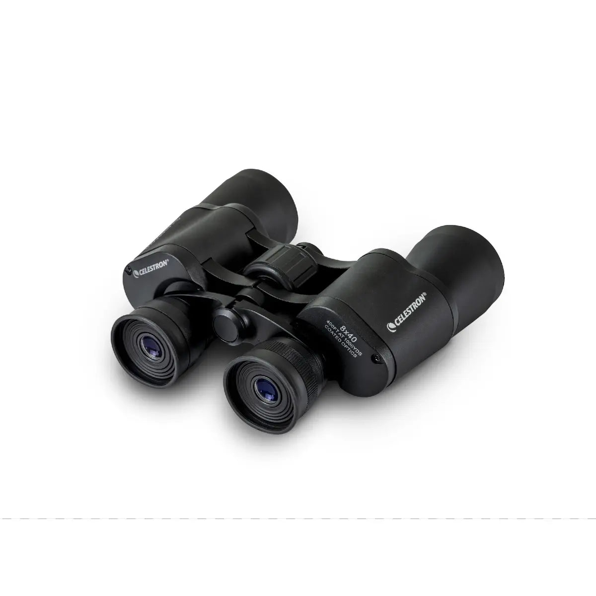 Black binoculars with Celestron branding on a white background