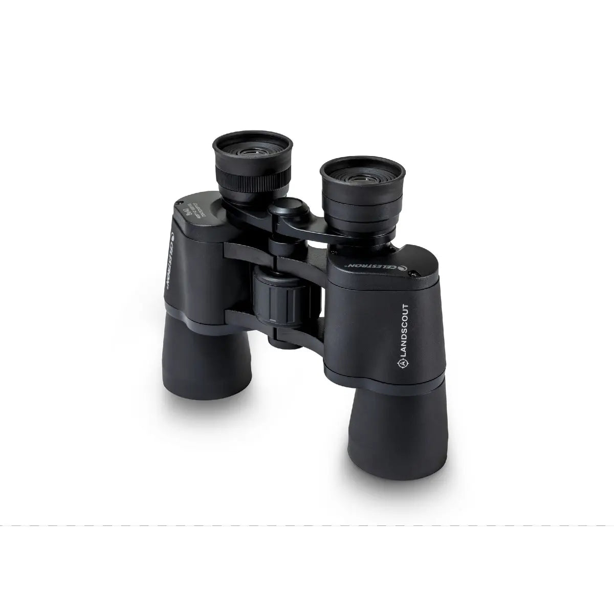 Black binoculars with a brand logo on a white background
