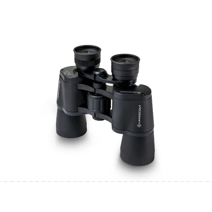 Black binoculars with a brand logo on a white background