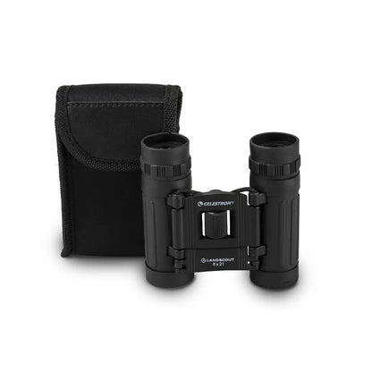 Black binoculars with carrying case on a white background