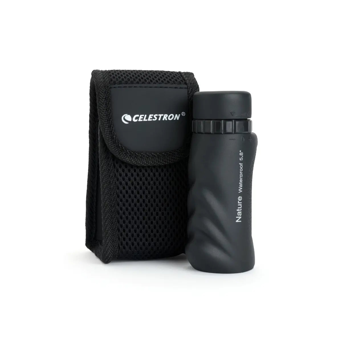 Black Celestron binoculars with carrying case on a white background