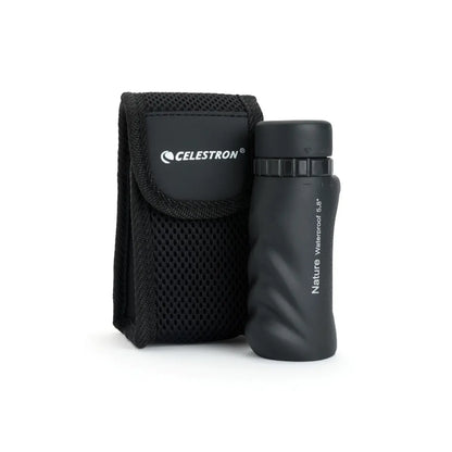 Black Celestron binoculars with carrying case on a white background