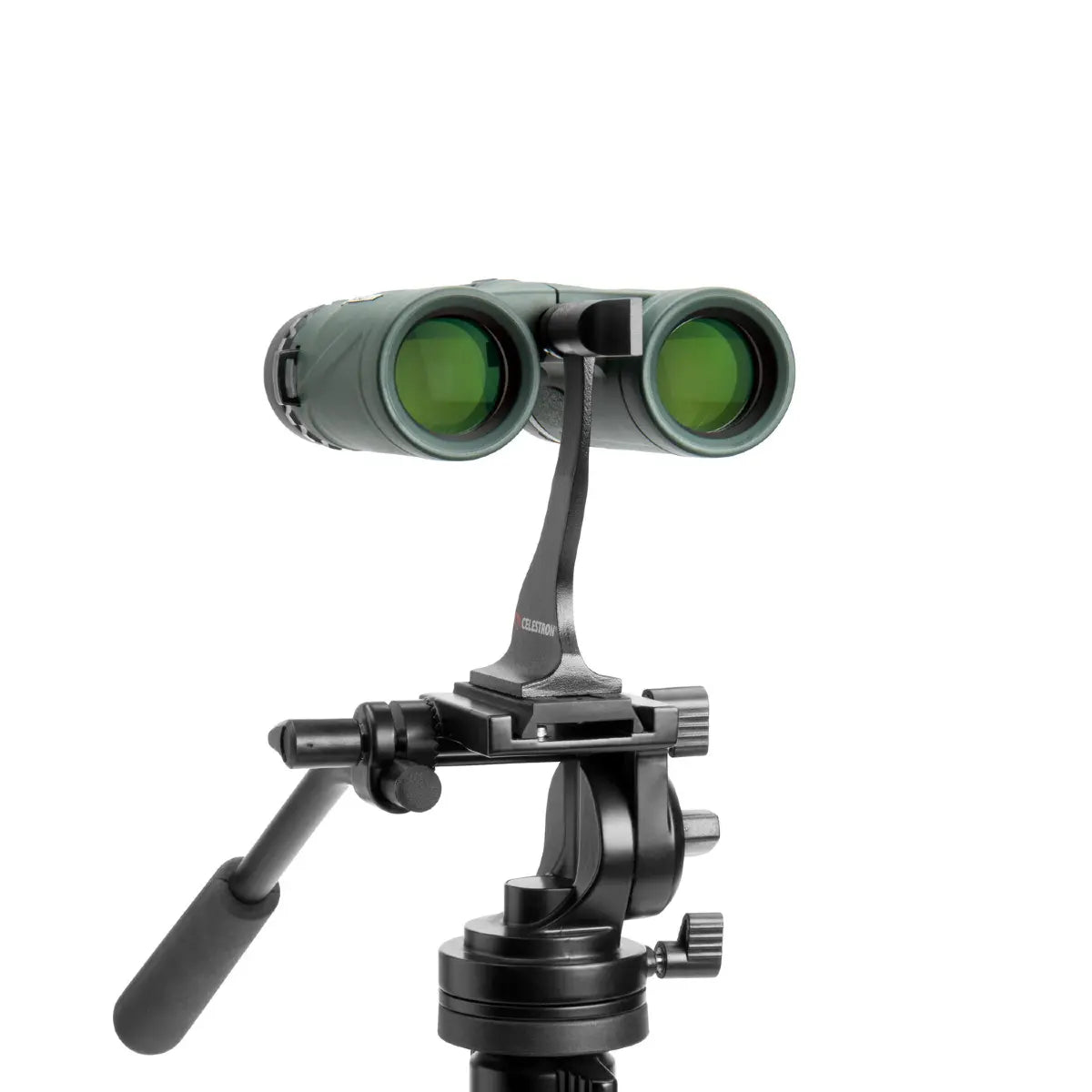 Binoculars mounted on a tripod with a white background