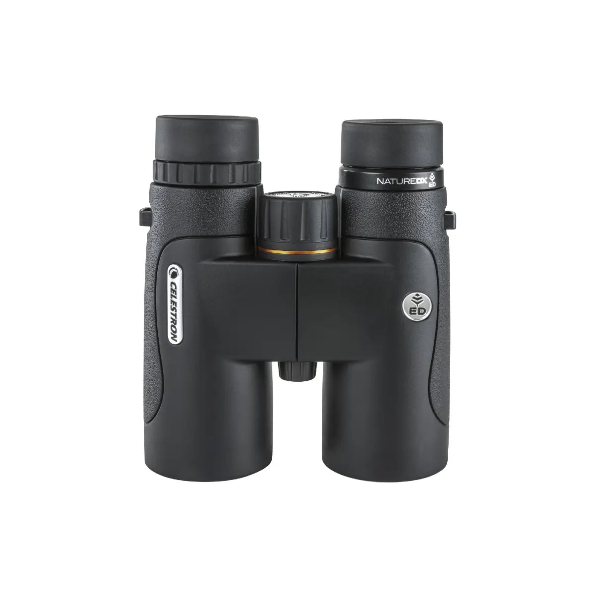 Black binoculars with brand names on a white background
