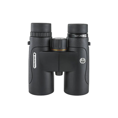Black binoculars with brand names on a white background