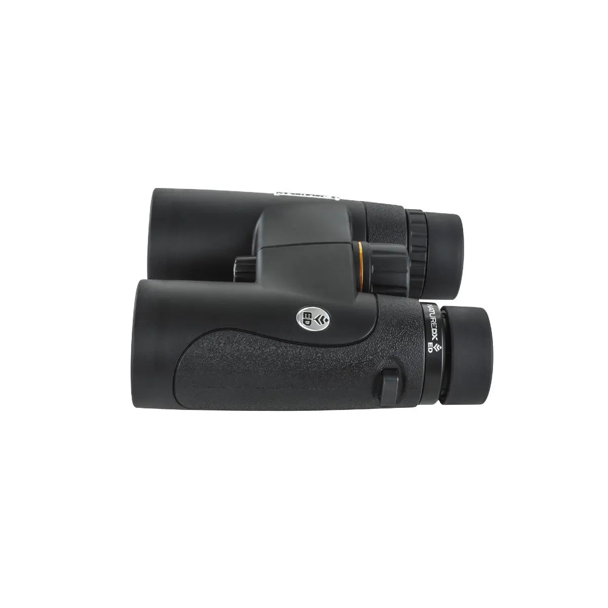 Black binoculars with a brand logo on a white background