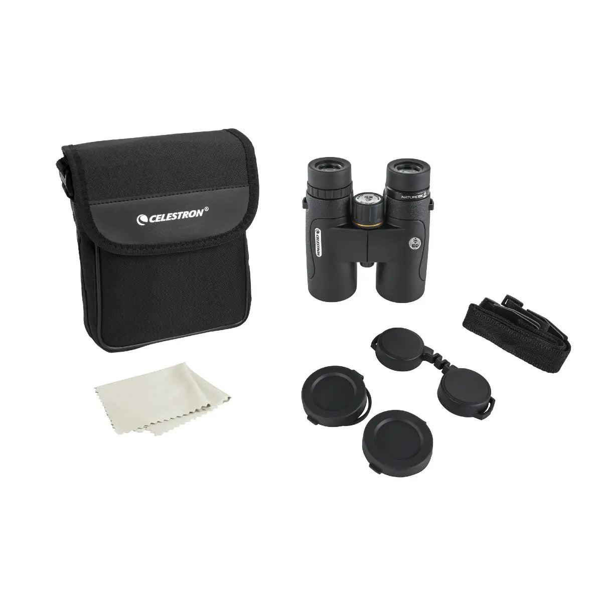 Binoculars with accessories and Celestron case on a white background