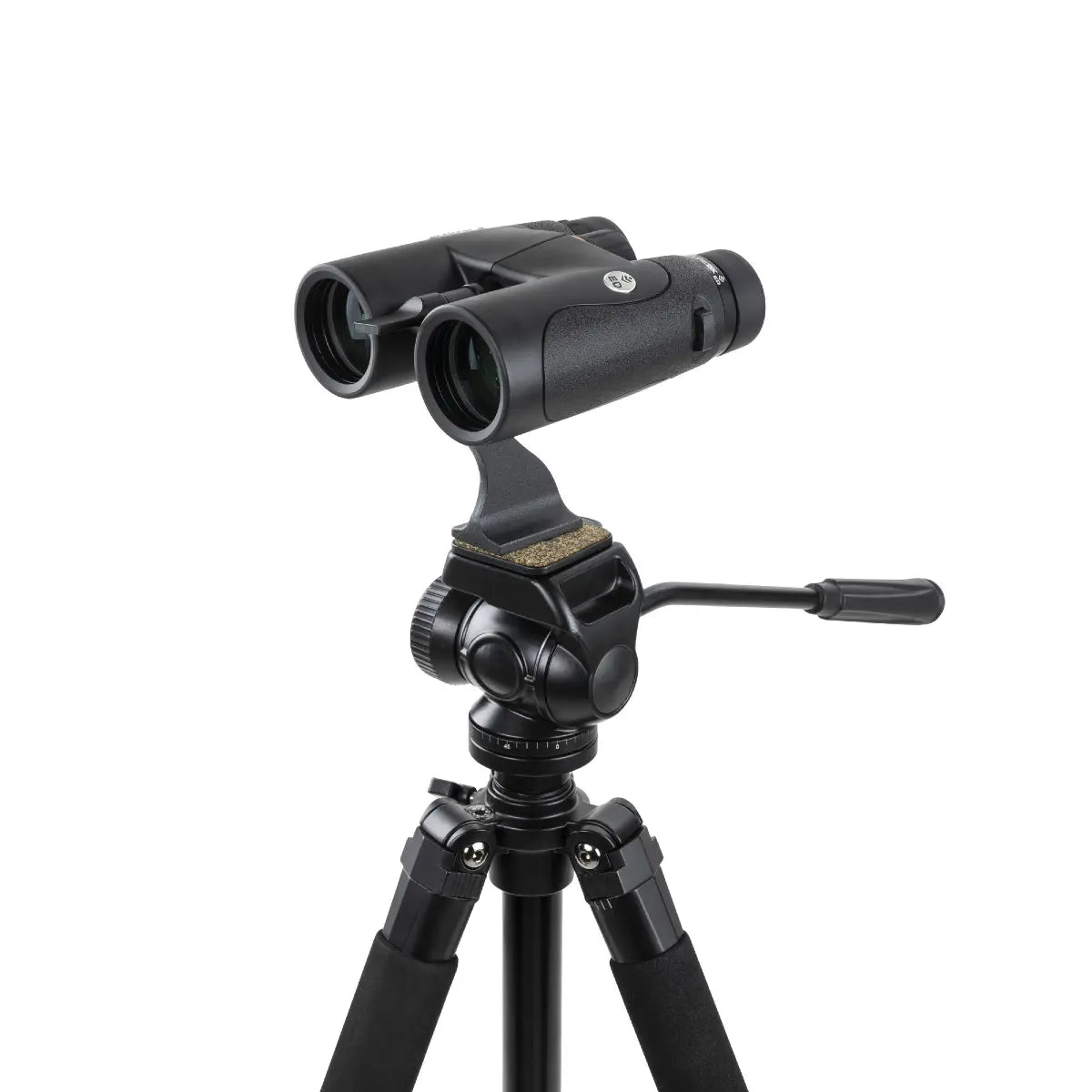 Black binoculars on a tripod with a white background