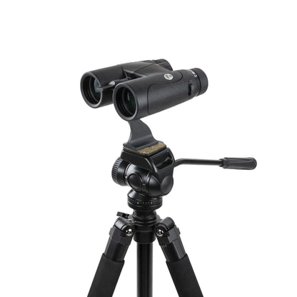 Black binoculars on a tripod with a white background
