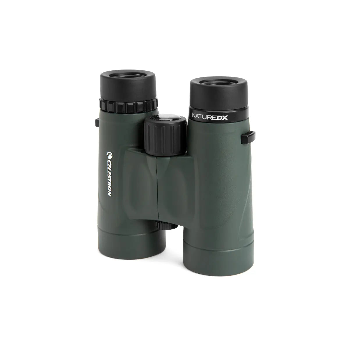 Green binoculars with black accents on a white background