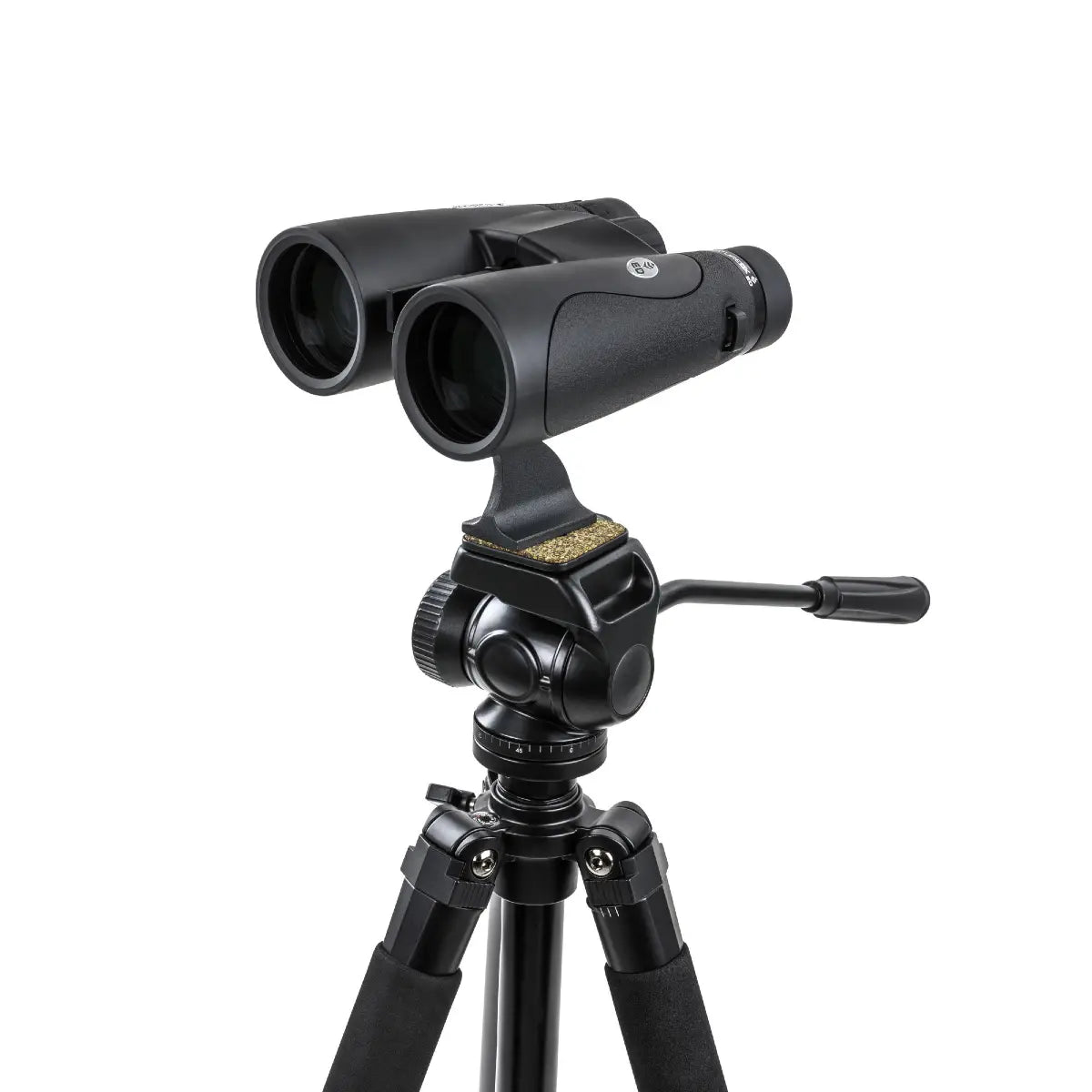 Black binoculars on a tripod with a white background