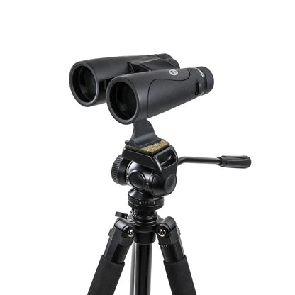Black binoculars on a tripod with a white background