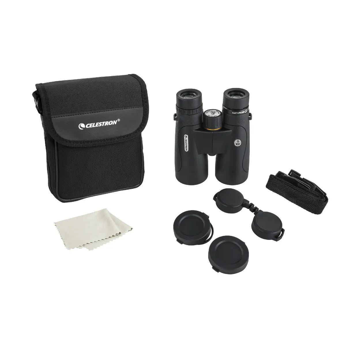 Celestron binoculars with accessories on a white background