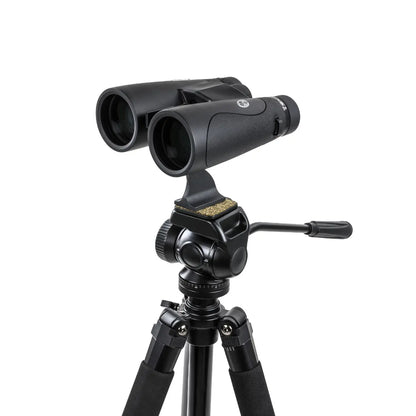 Black binoculars on a tripod with a white background