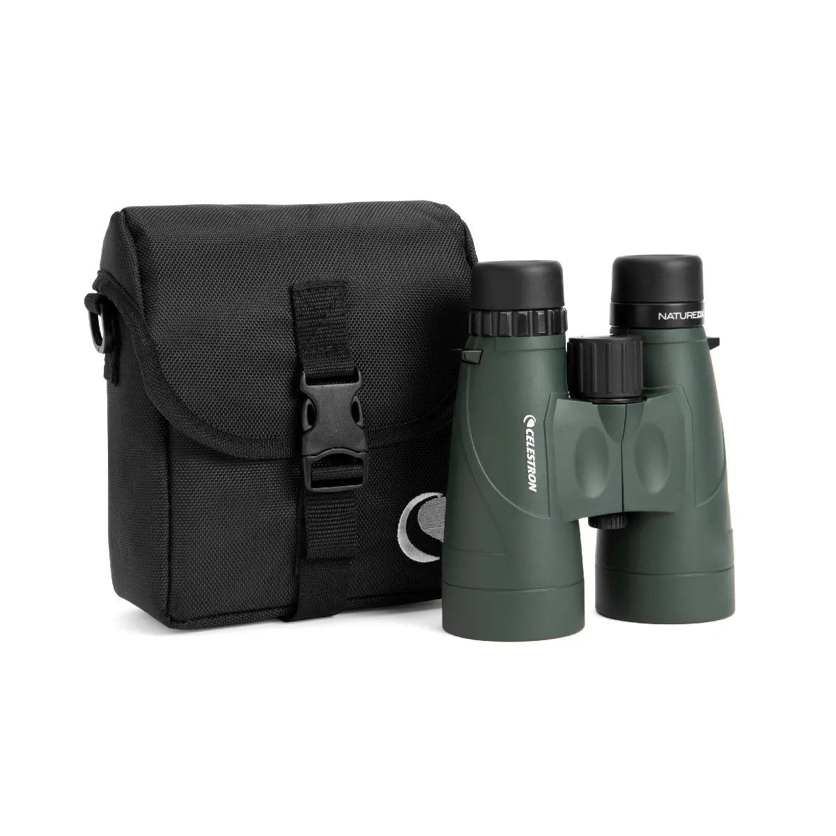 Green binoculars with a black carrying case on a white background