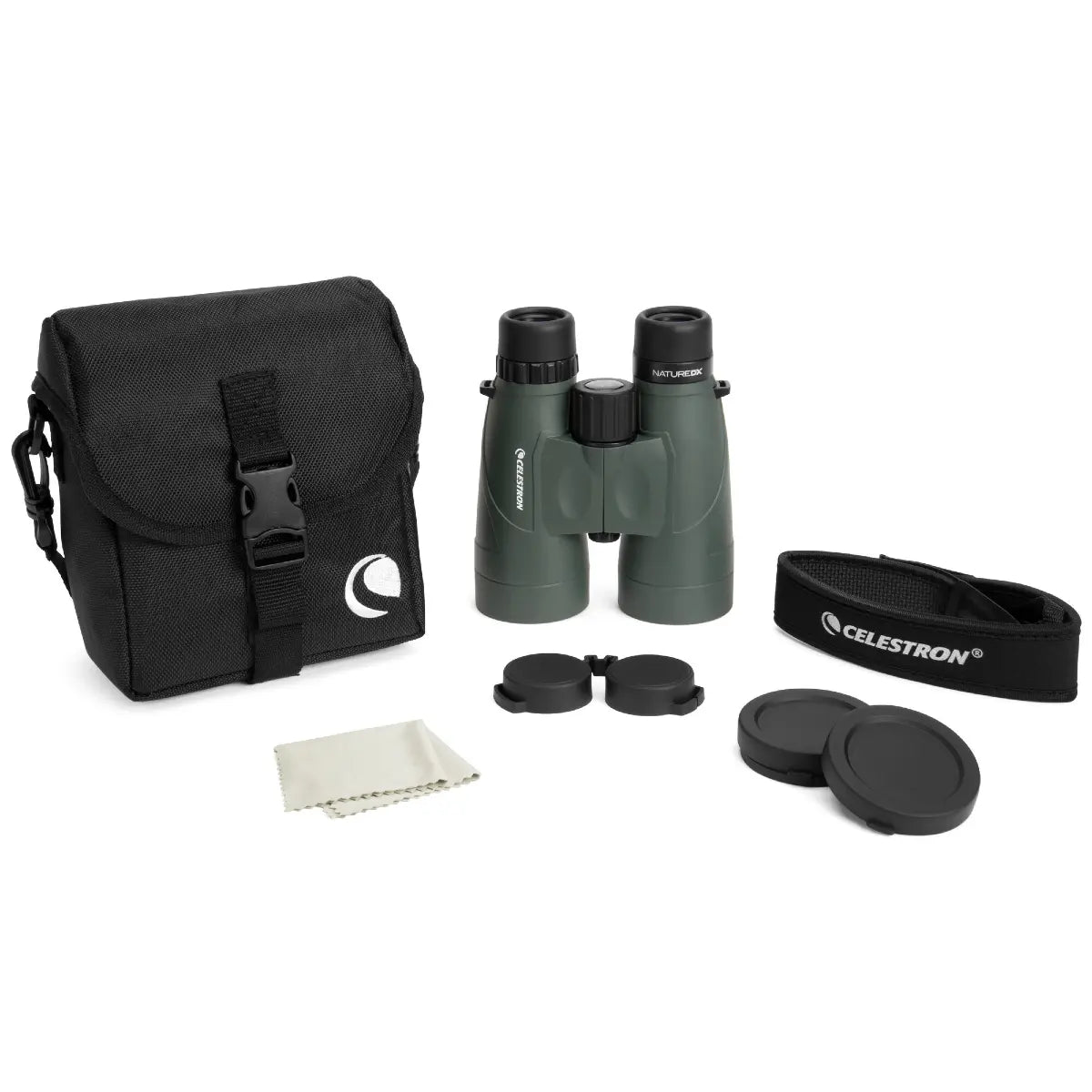 Celestron binoculars with carrying case, lens covers, and cleaning cloth on a white background